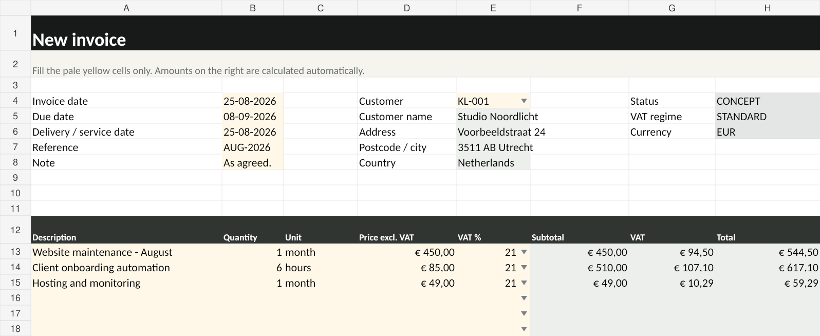 New invoice worksheet of Zoqa ZZP Facturatie in Google Sheets™