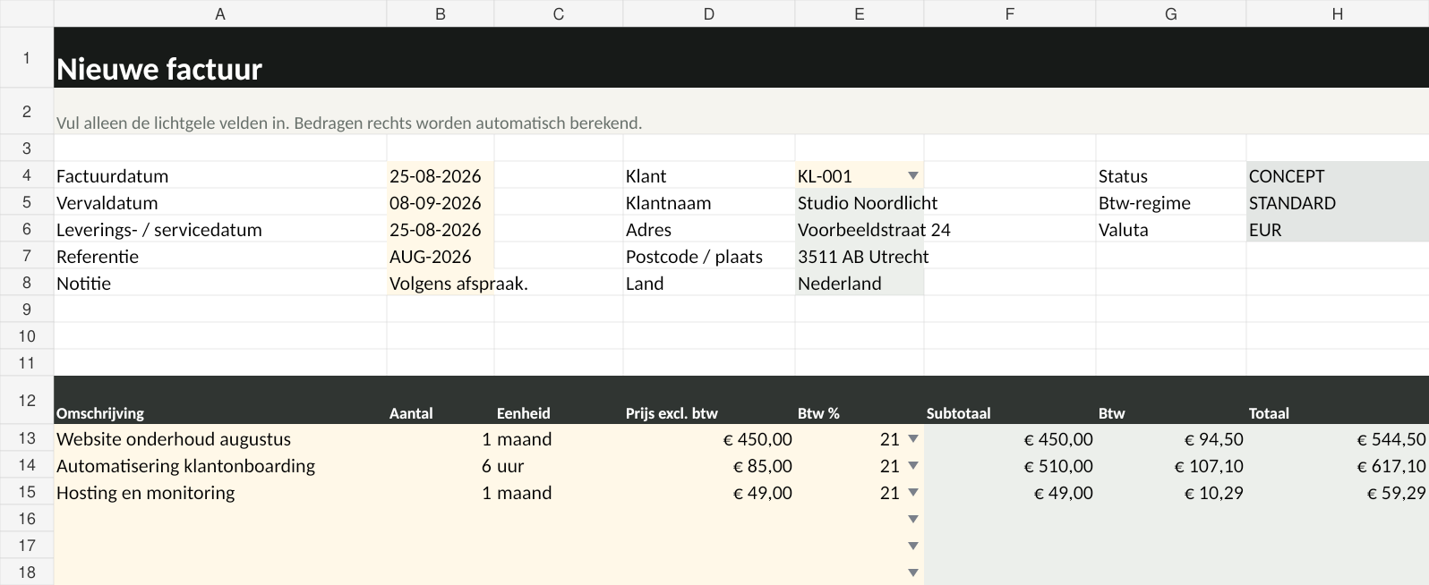 Werkblad Nieuwe factuur van Zoqa ZZP Facturatie in Google Sheets™